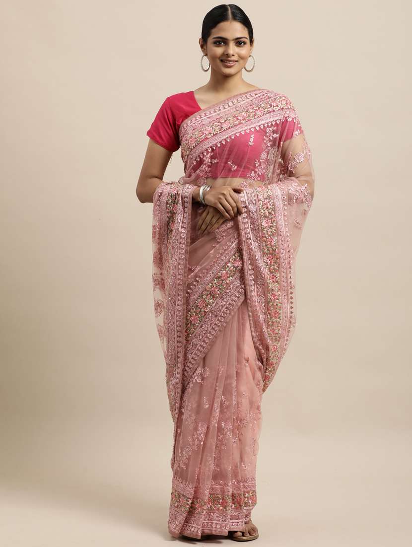 pink net embroidered saree with blouse