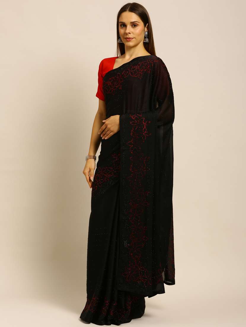 black satin embroidered saree with blouse