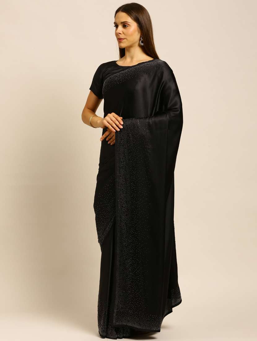 black satin embroidered saree with blouse