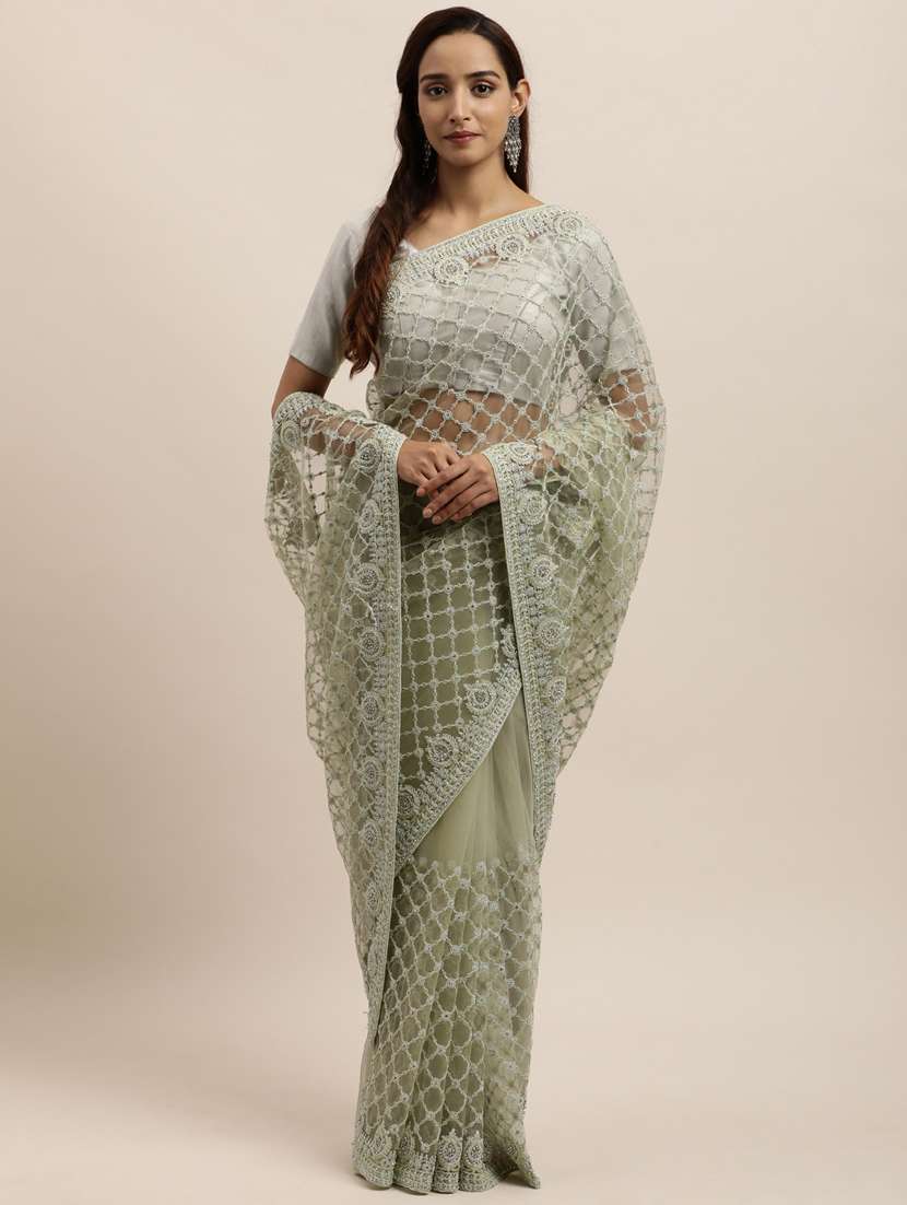 green net embroidered saree with blouse - 18323209 - Zoom Image - 0