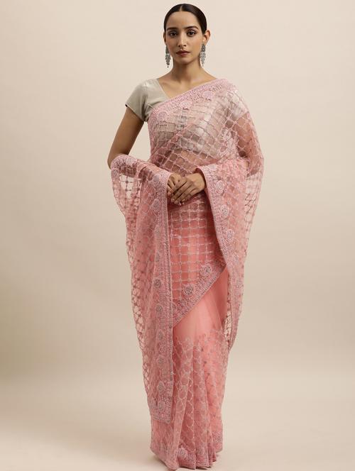 peach net embroidered saree with blouse - 18323210 -  Standard Image - 0