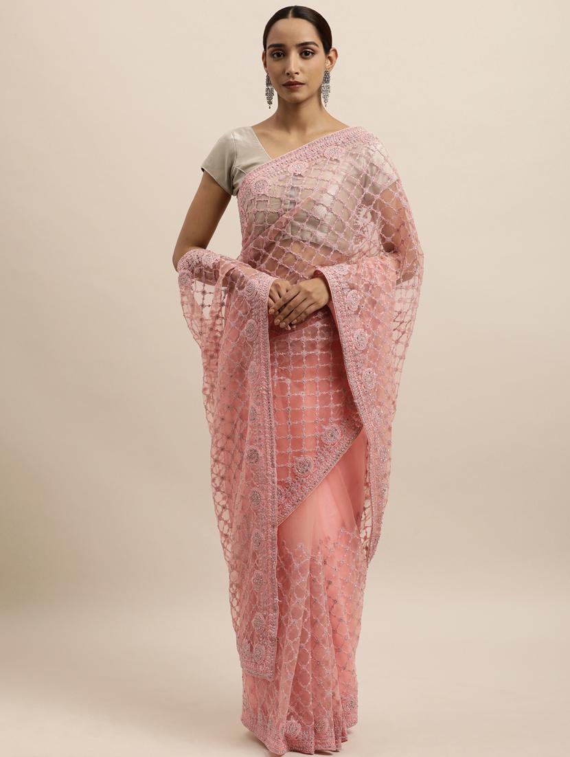 peach net embroidered saree with blouse - 18323210 -  Zoom Image - 0