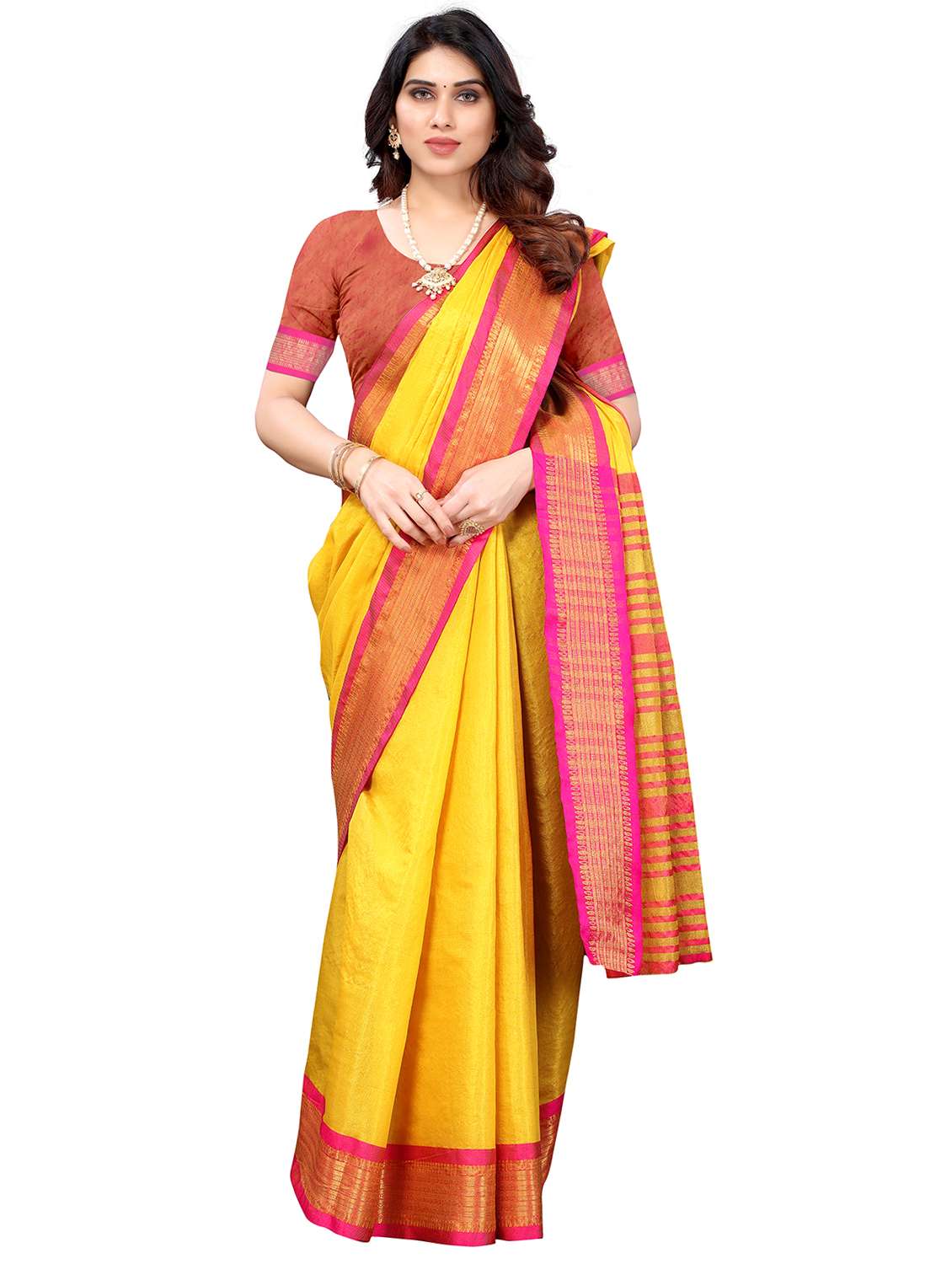 yellow cotton kanjivaram saree with blouse