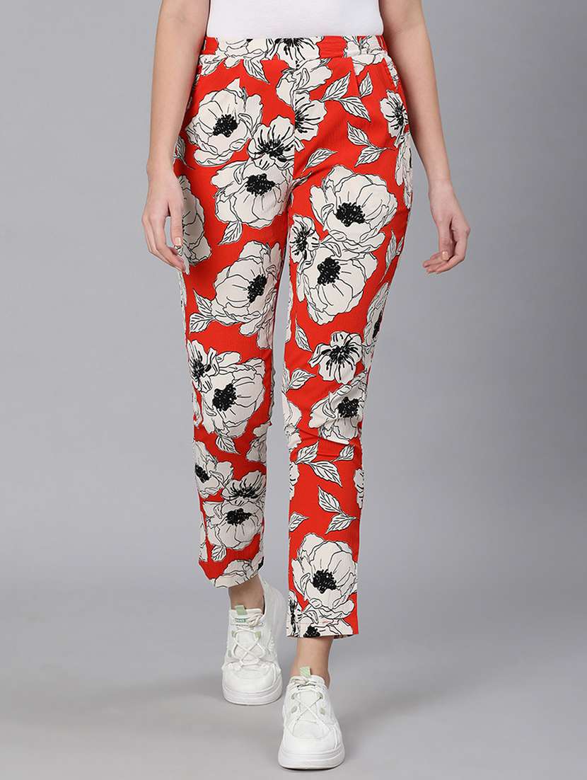 red floral printed flat front trouser