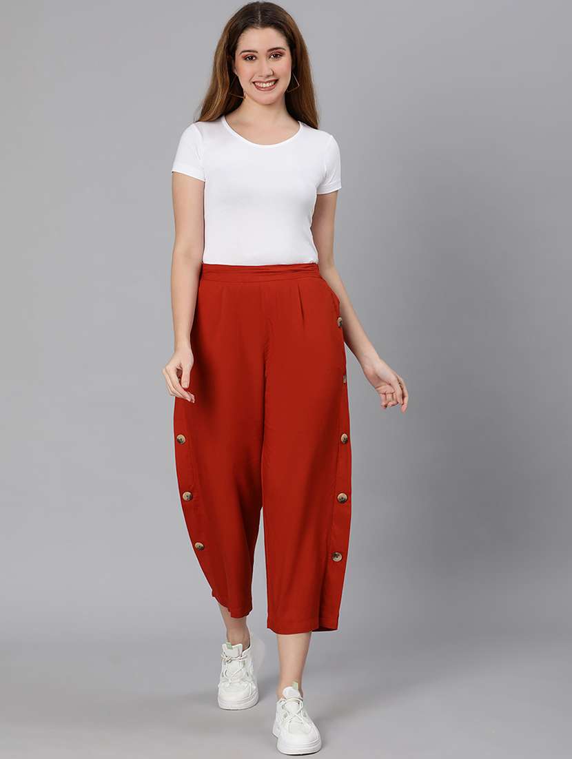 Solid Maroon Detailed Pleated Trouser