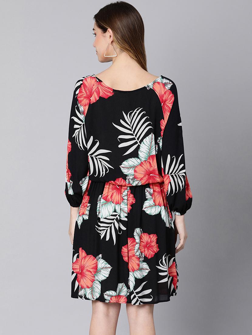 tie up neck tropical fit & flare dress - 18324549 - Standard Image - 2