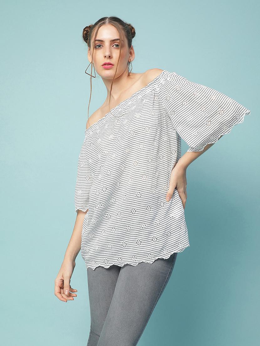 women striped schiffli detailed off shoulder relaxed fit top 