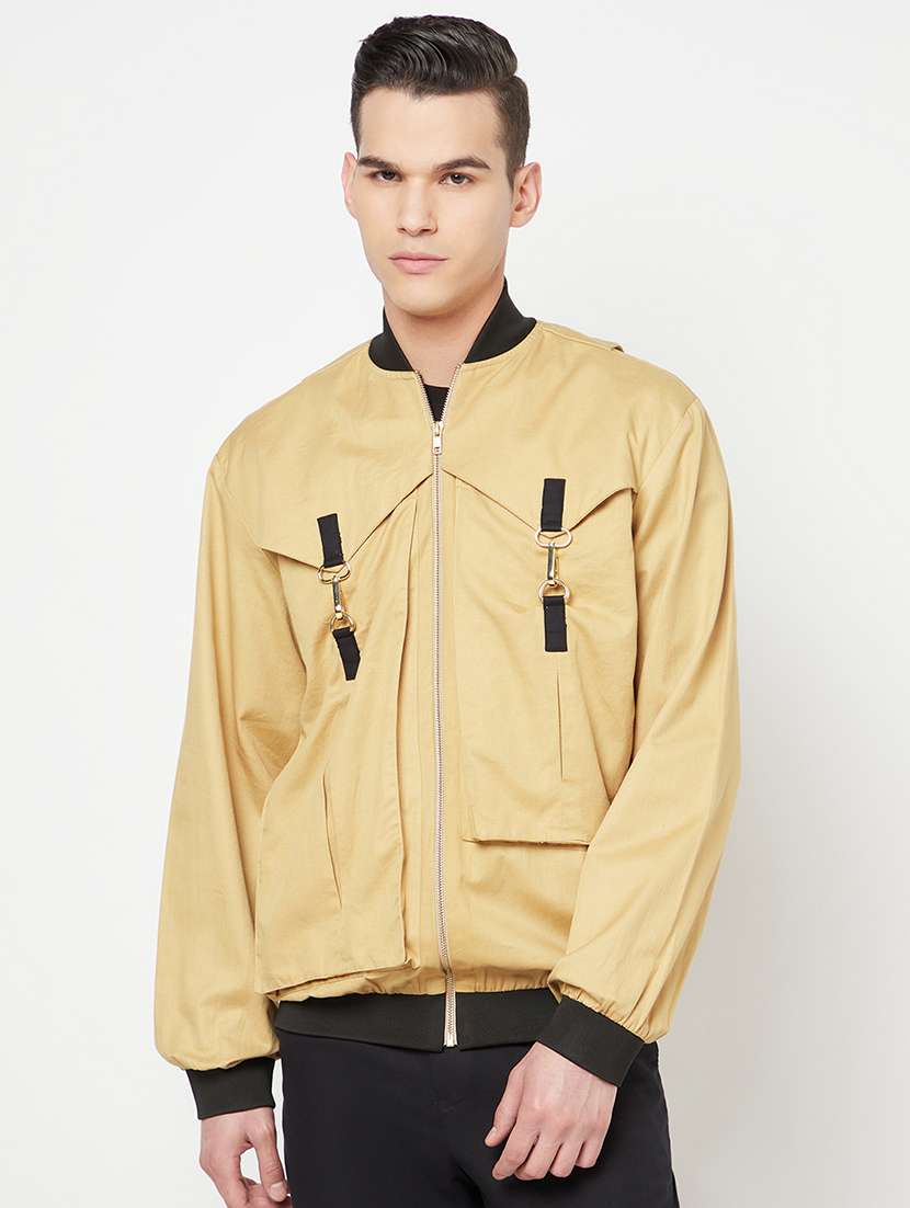 beige solid back-pack attached bomber jacket