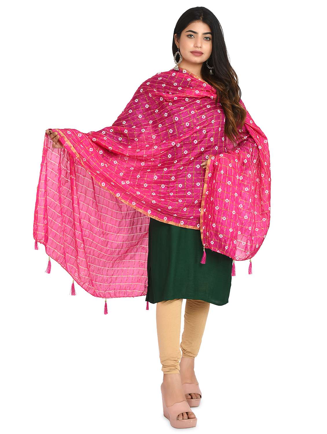 pink bandhani print dupatta with tassles - 18324678 -  Standard Image - 2