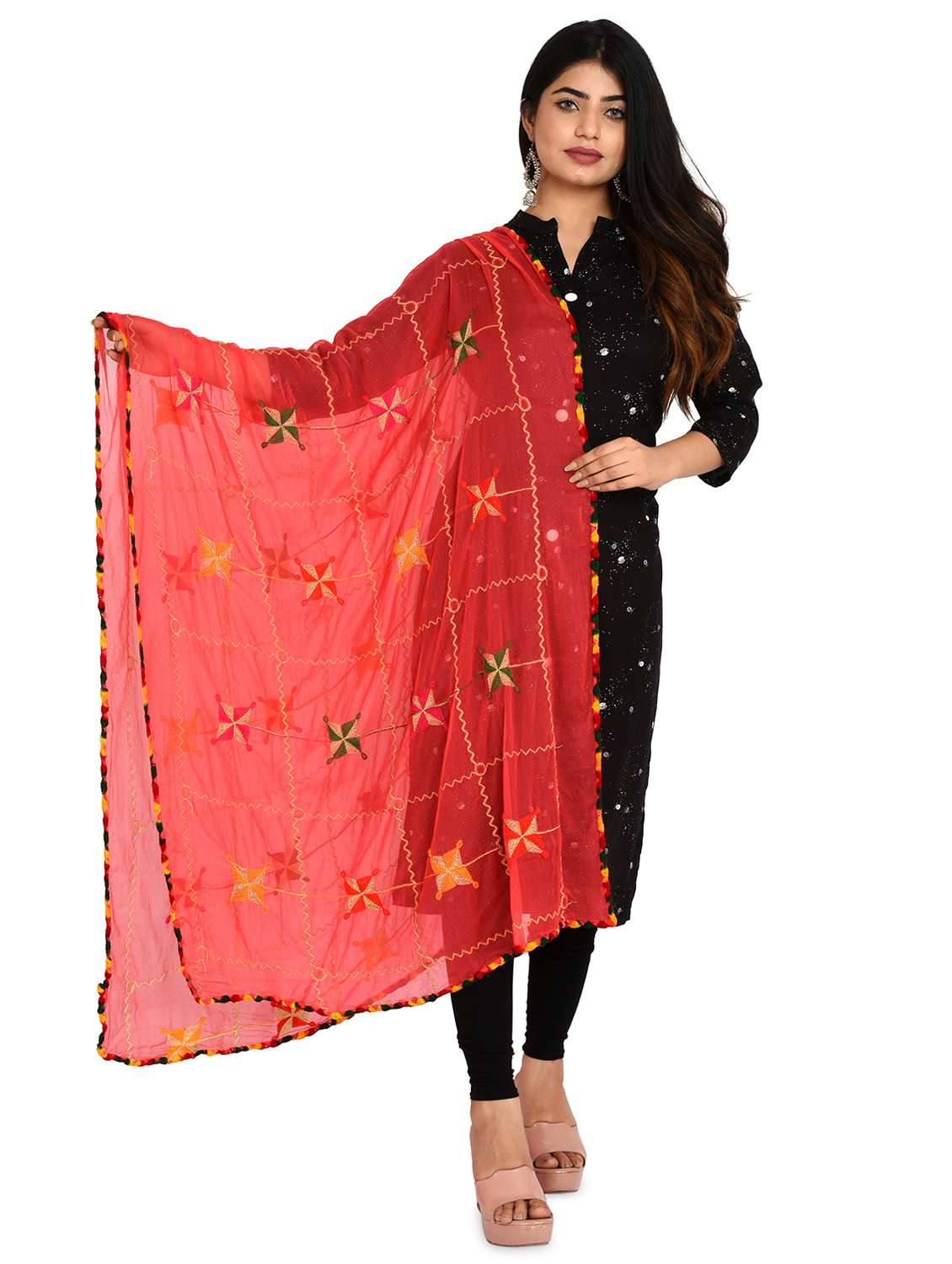 red phulkari embroidered dupatta