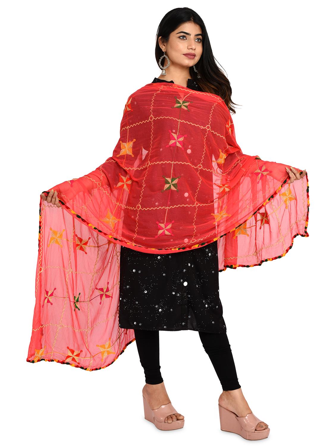 red phulkari embroidered dupatta - 18324697 - Standard Image - 2