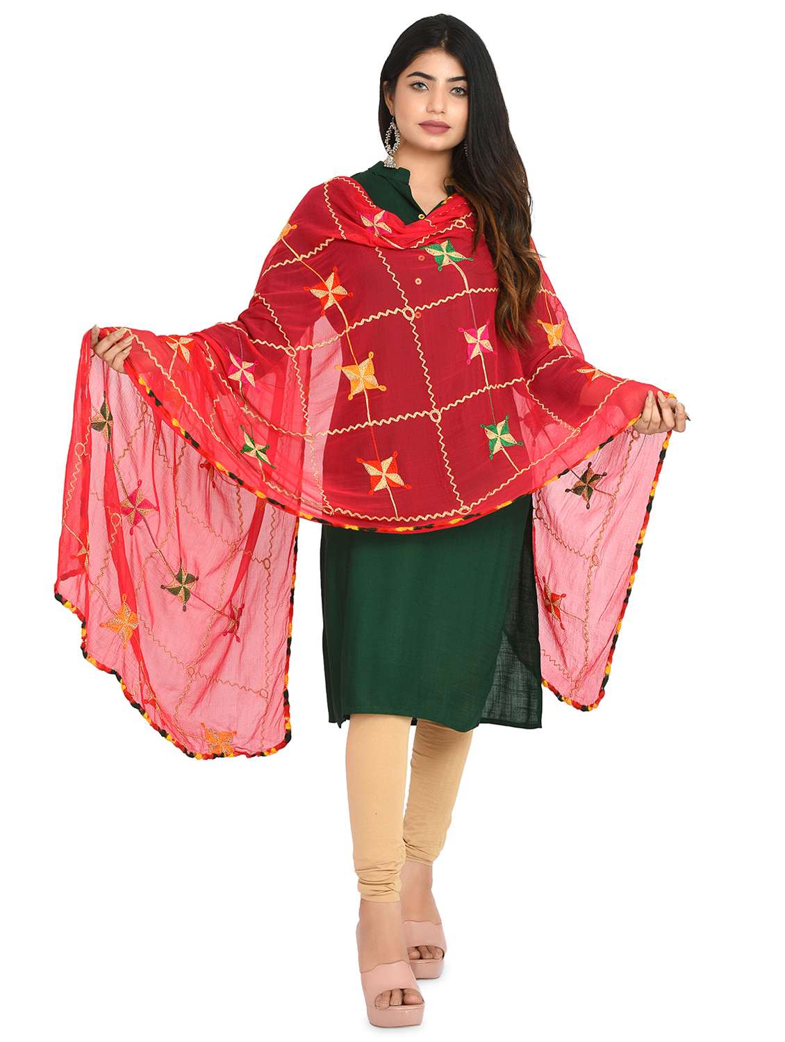 red phulkari embroidered dupatta - 18324704 -  Standard Image - 2