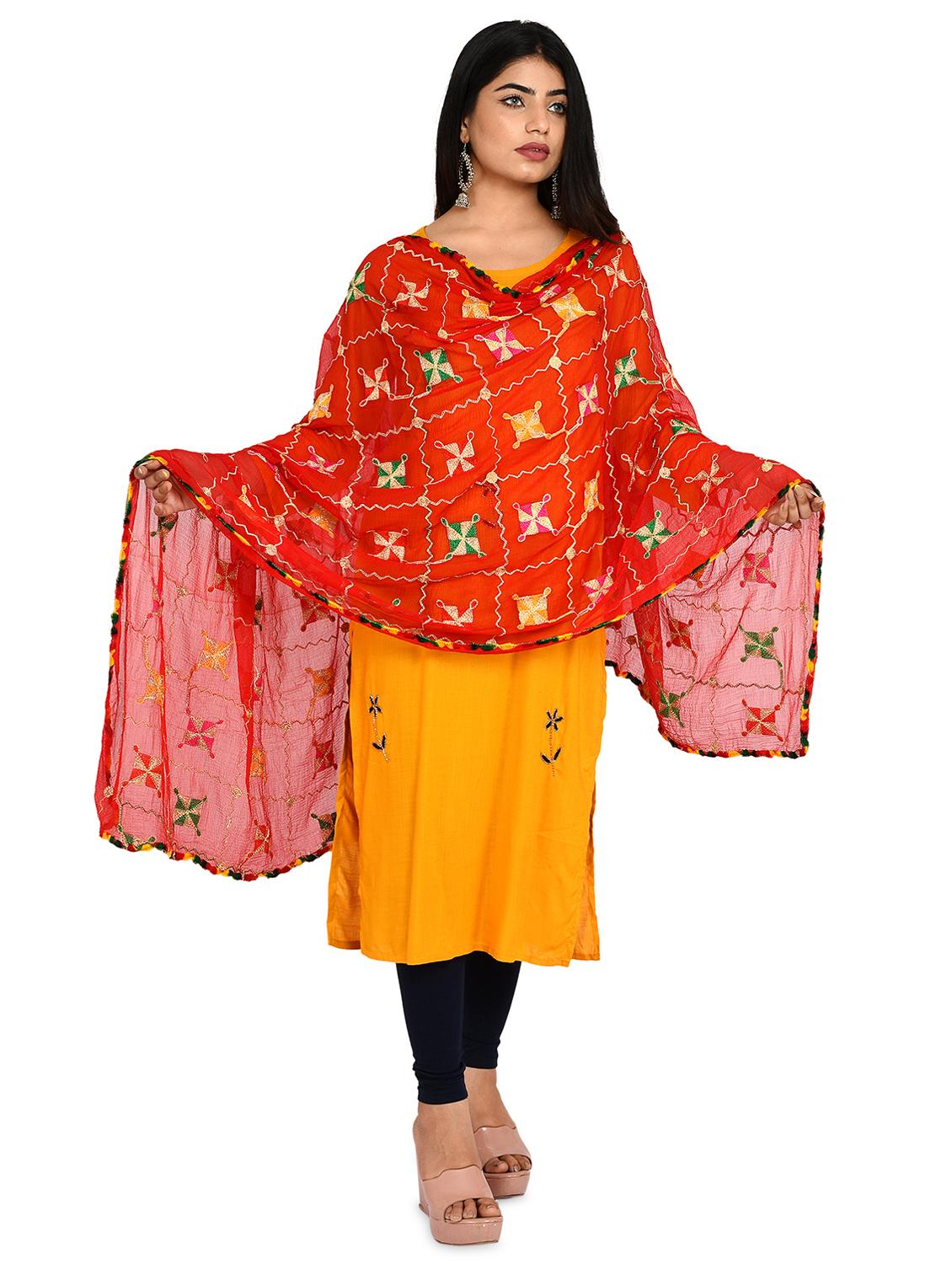 red phulkari emroidered dupatta - 18324705 - Standard Image - 2