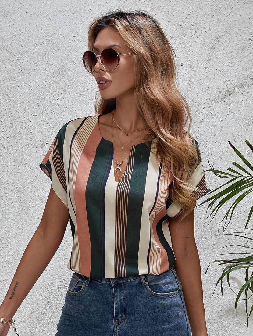 notch neck striped top - 18326744 -  Zoom Image - 0