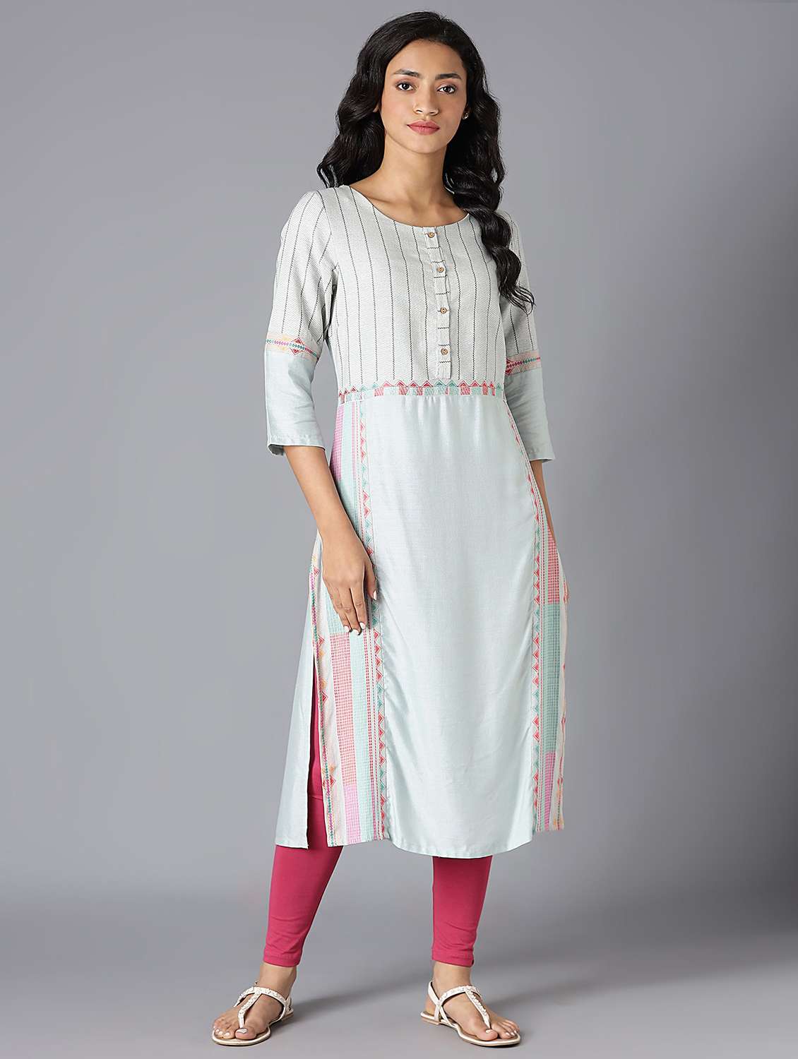 w women blue geometric print cotton blend straight kurta