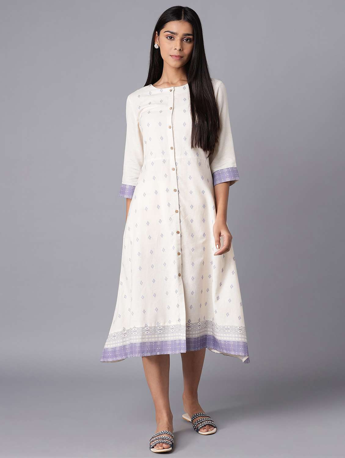 white printed flared ethnic dress