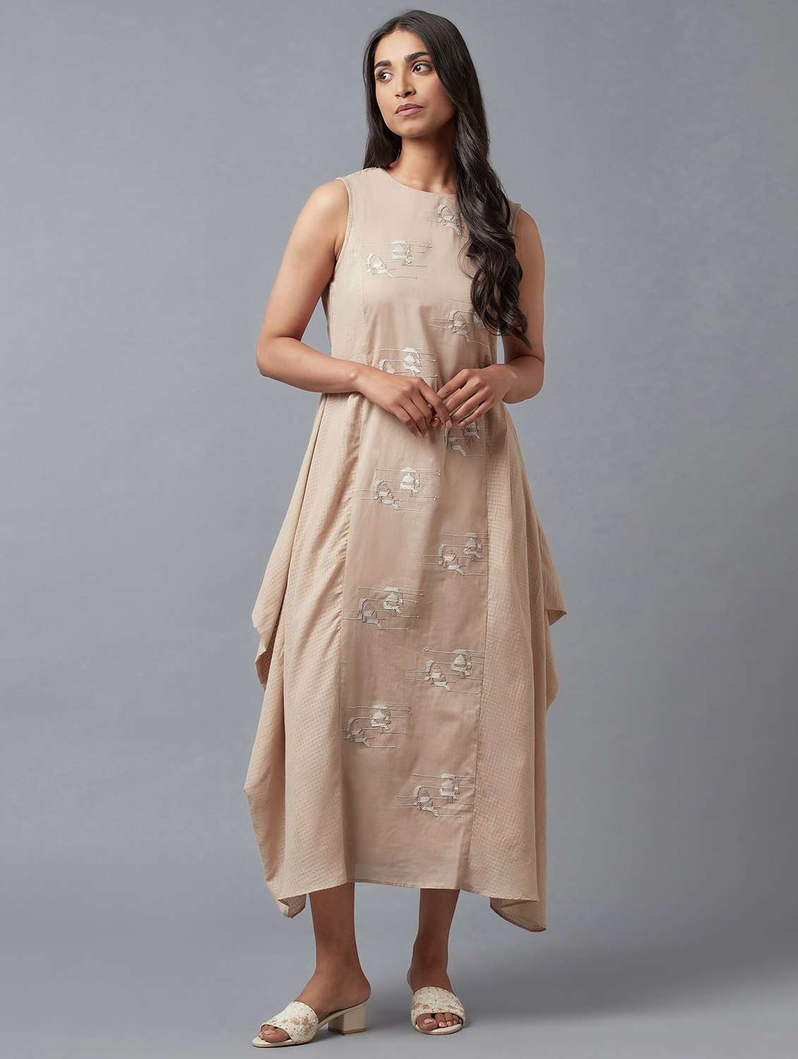beige embroidered flared ethnic dress