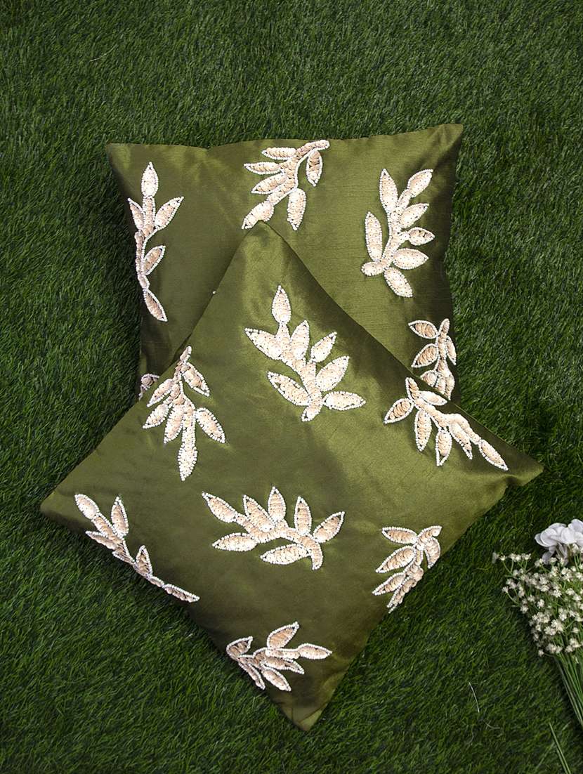 alina decor green embroidered set of 2 cushion covers