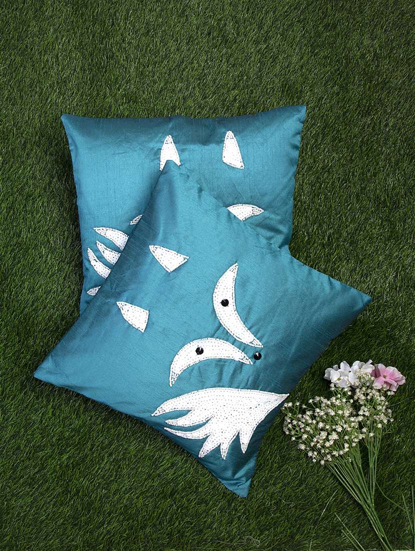 alina decor teal embroidered set of 2 cushion covers