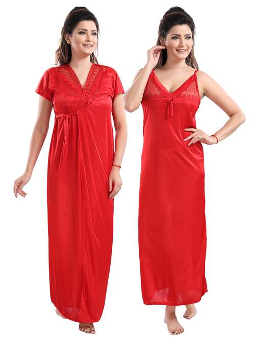 tie front solid nightwear set - 18329093 - Standard Image - 0