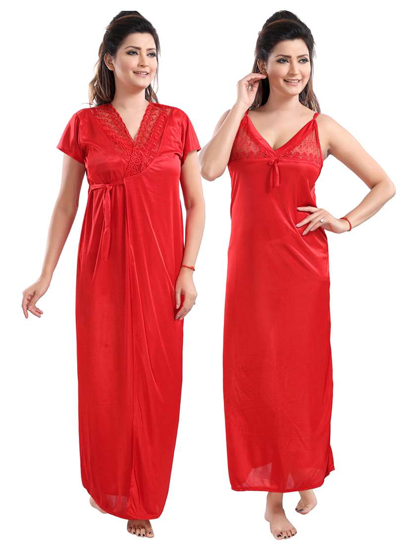 tie front solid nightwear set - 18329093 - Zoom Image - 0