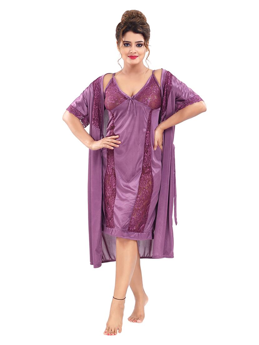 tie front solid nightwear set - 18329100 - Standard Image - 2