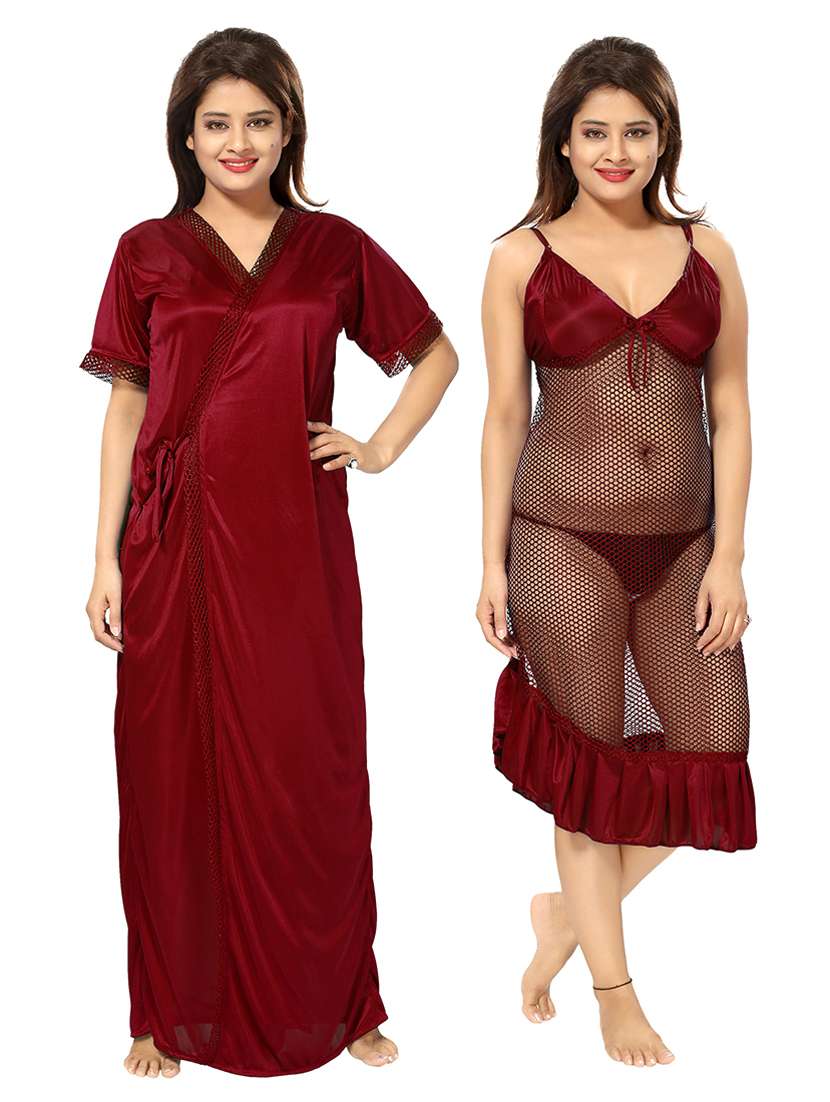 maroon tie front solid sleepwear robe set