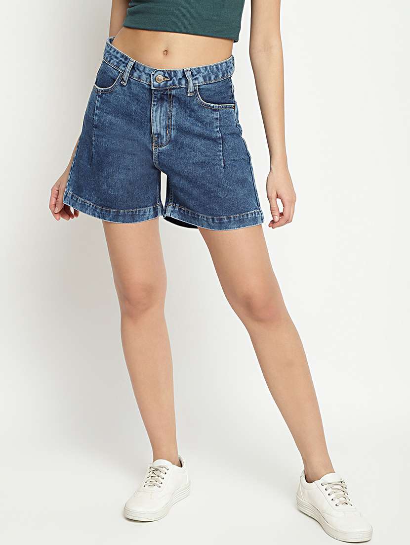 mid rise washed denim shorts 