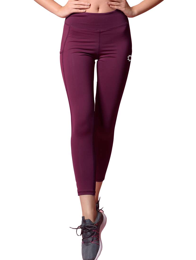 purple solid ankle length active wear tights