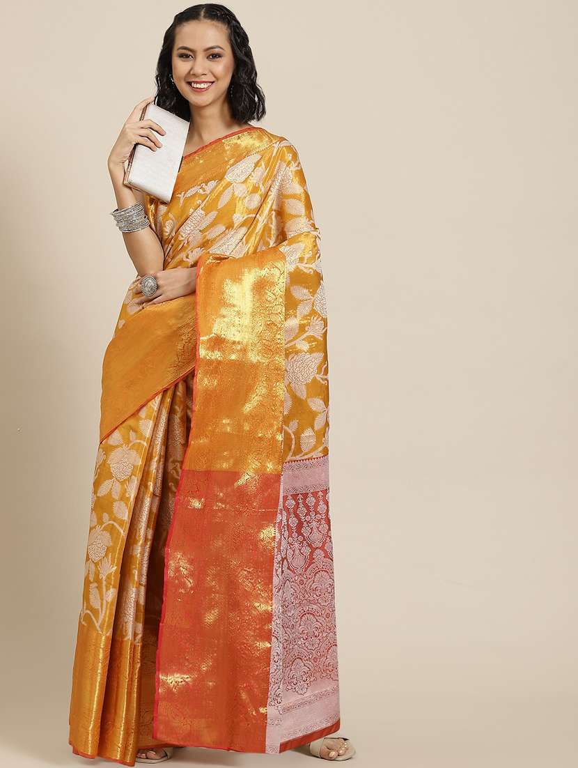 women's floral orange colored saree with blouse