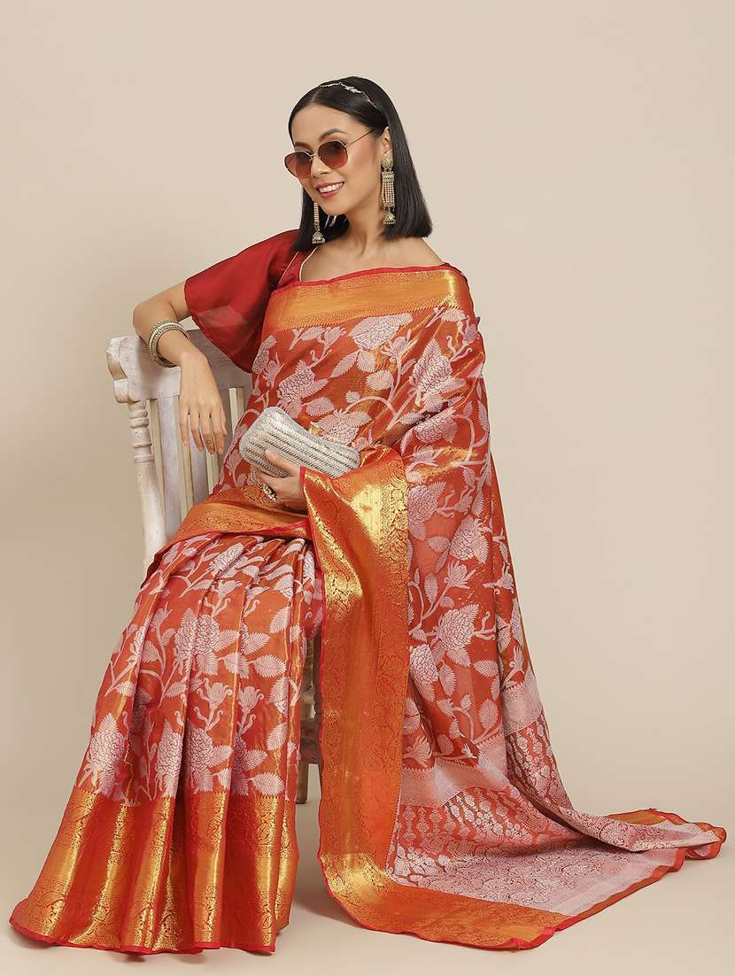 women's self design red colored saree with blouse