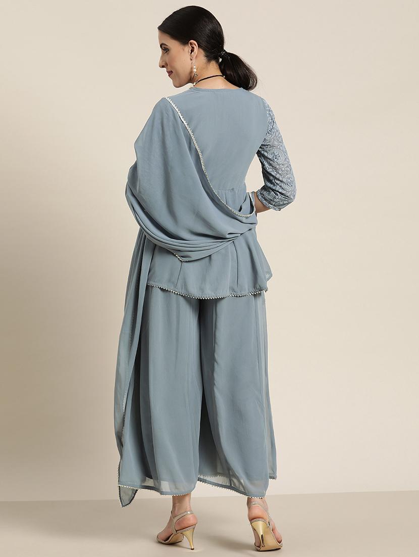 grey georgette kurta palazzo set - 18334963 - Standard Image - 2