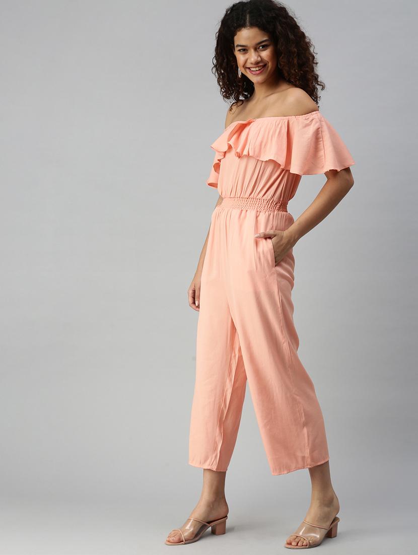 off shoulder solid full leg jumpsuit - 18336947 - Standard Image - 2