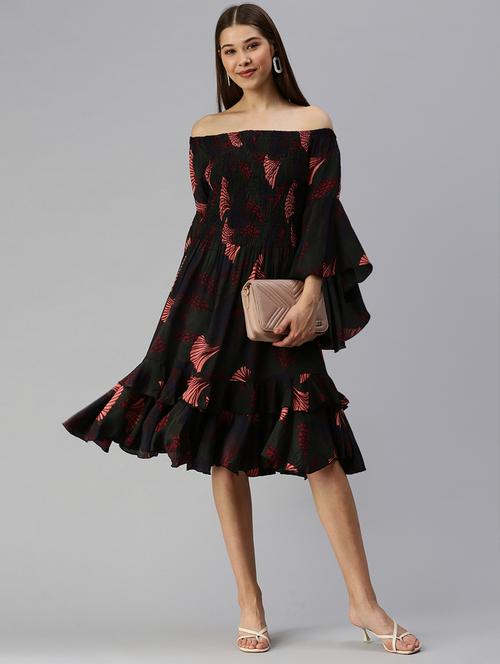 off shoulder printed fit & flare dress - 18337328 - Standard Image - 0