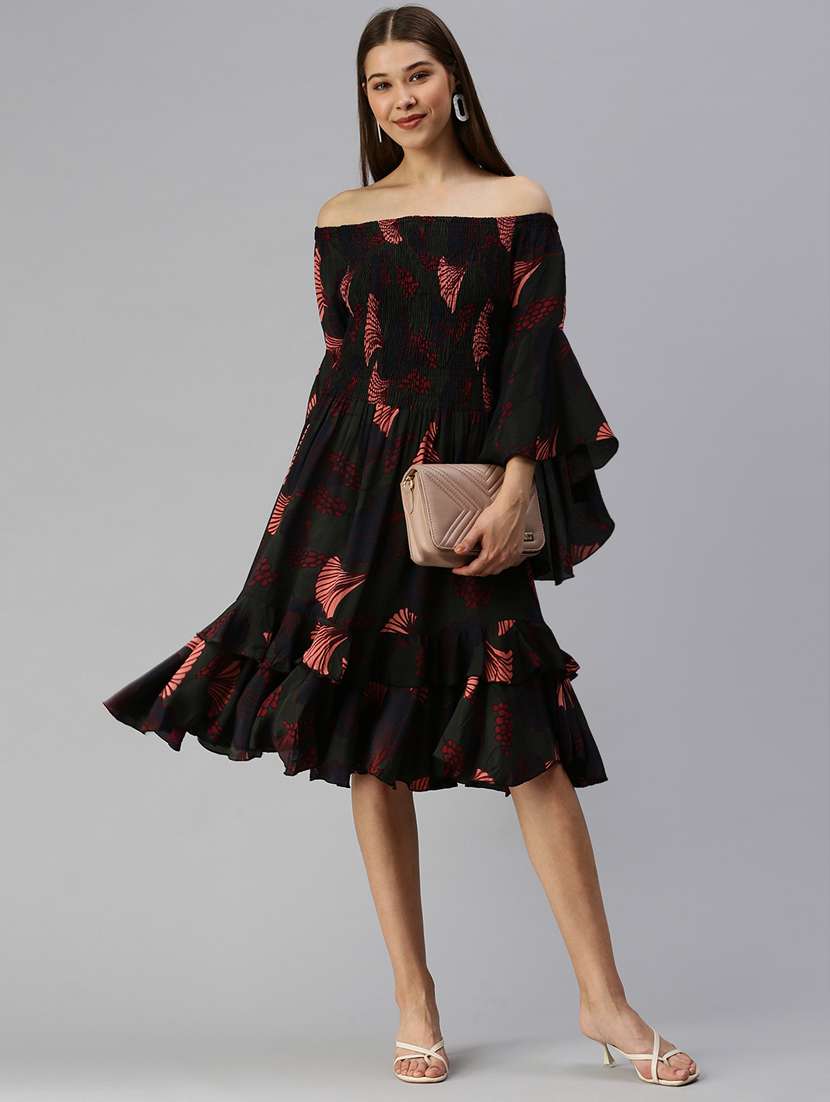 Off Shoulder Printed Fit & Flare Dress