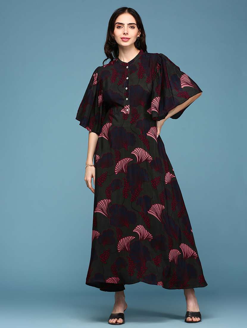 mandarin neck printed flared dress