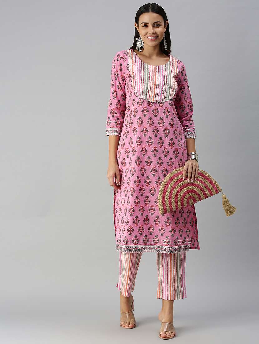 women pink printed round neck kurta pant set