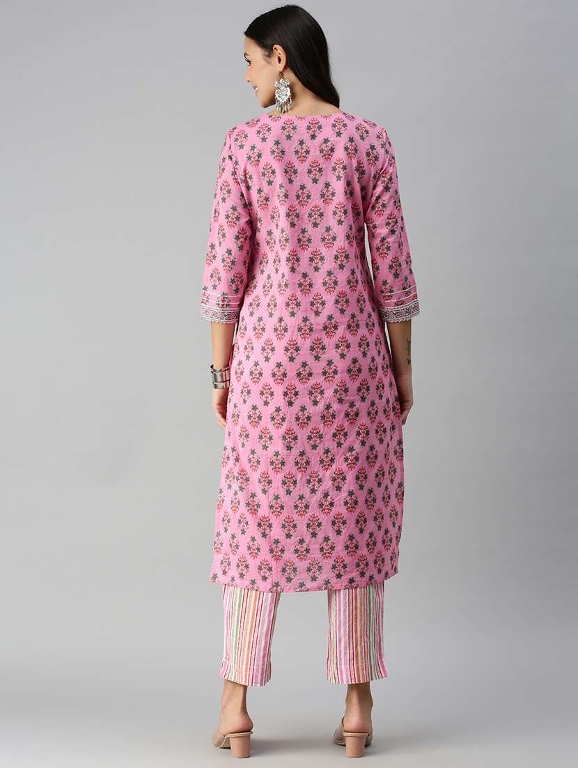 women pink printed round neck kurta pant set - 18338291 -  Standard Image - 2