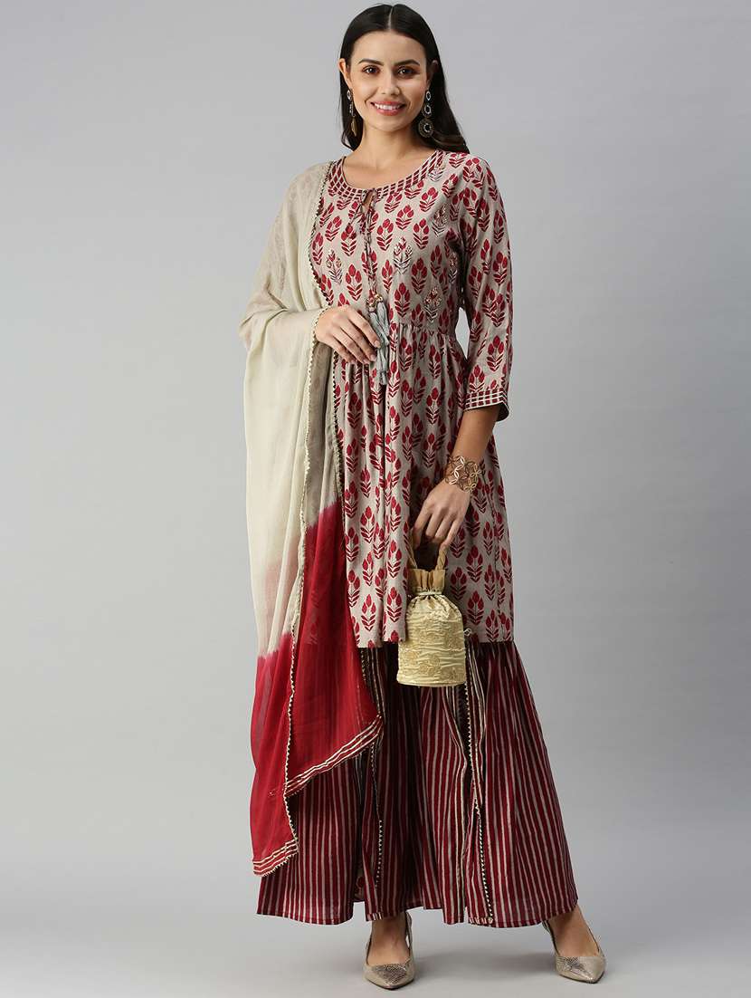 women printed kurta sharara set with dupatta