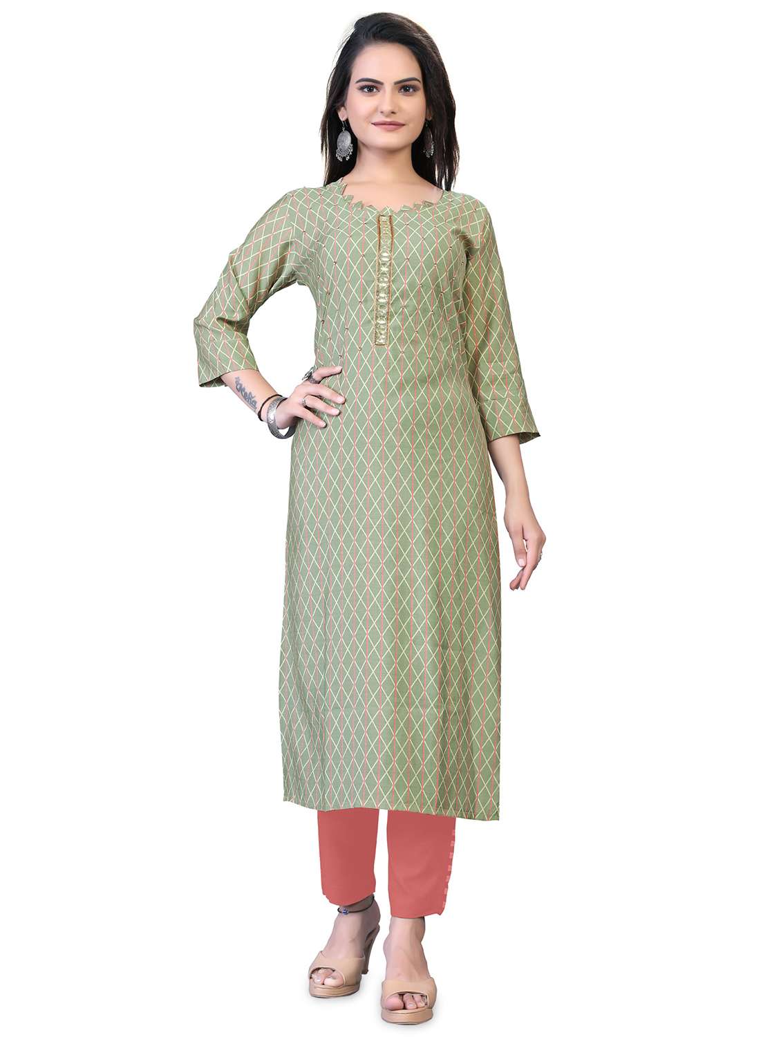 peach printed straight kurta