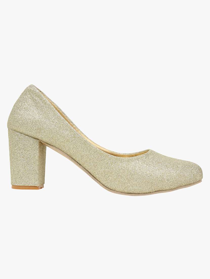 gold synthetic slip on pumps