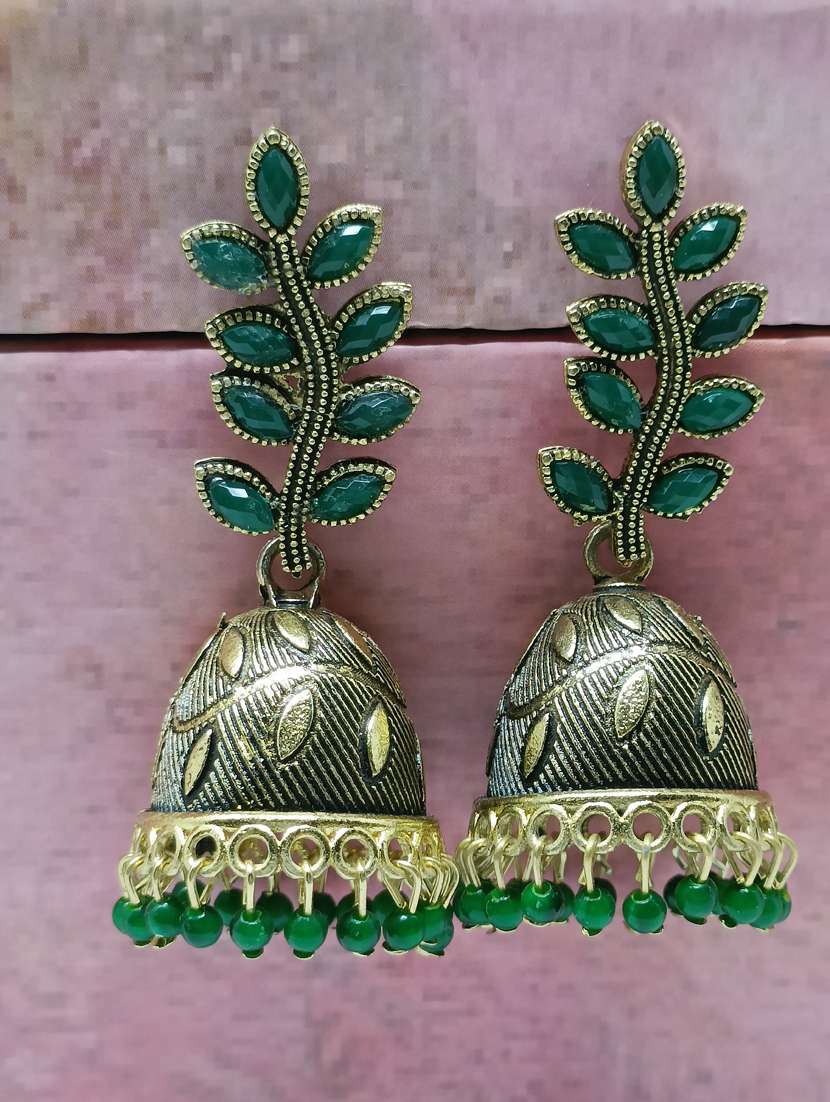 green brass jhumka earring - 18338867 -  Zoom Image - 0