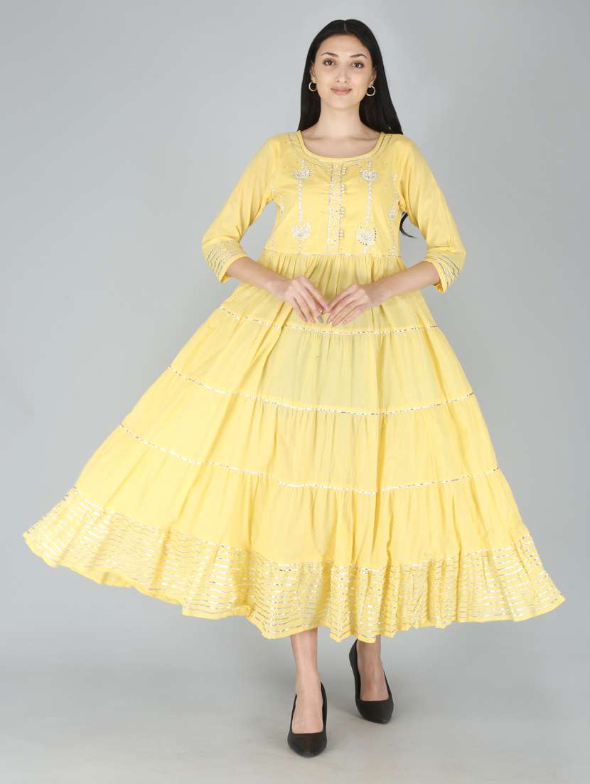 yellow embroidered tiered ethnic dress