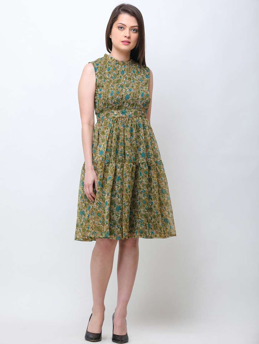 crew neck floral a-line dress