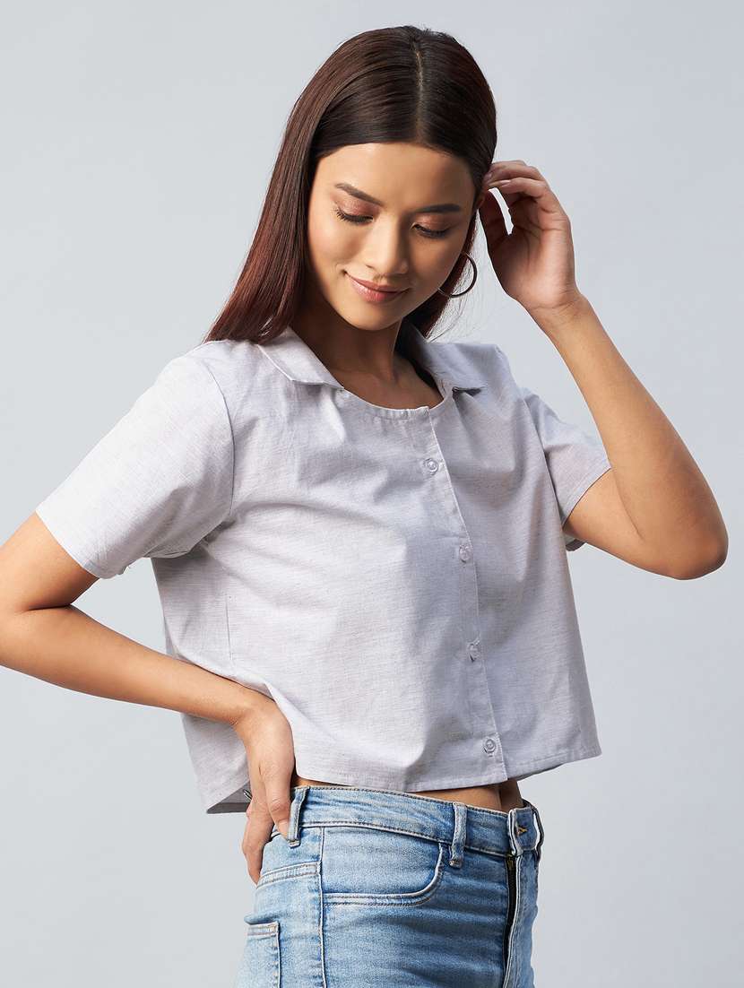 short sleeved solid crop shirt - 18342587 - Standard Image - 2