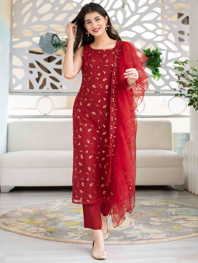 maroon sequined semi-stitched suit set