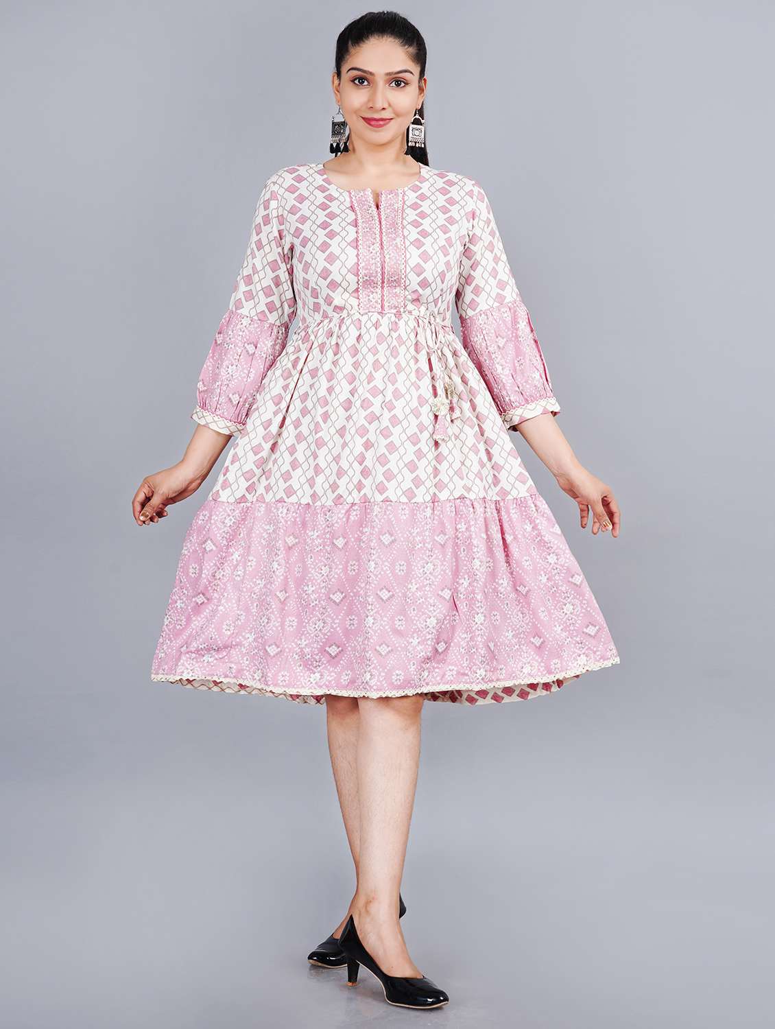 pink printed flared ethnic dress