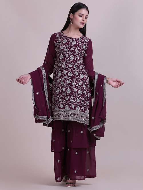 embroidered unstitched sharara suit set - 18345912 - Standard Image - 0