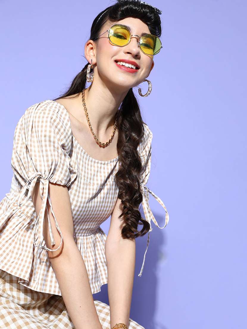 puff sleeved checkered top - 18346328 -  Standard Image - 2
