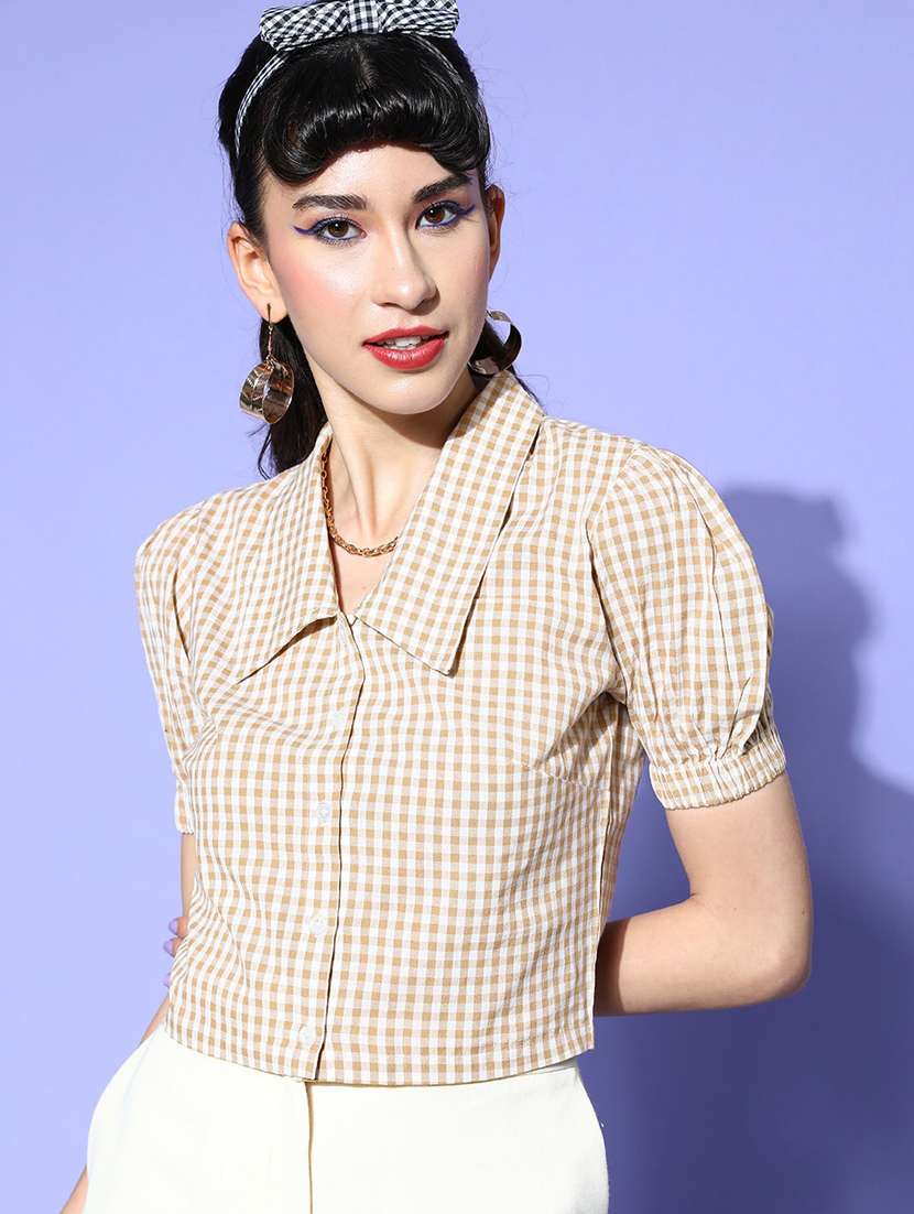 puff sleeved checkered top